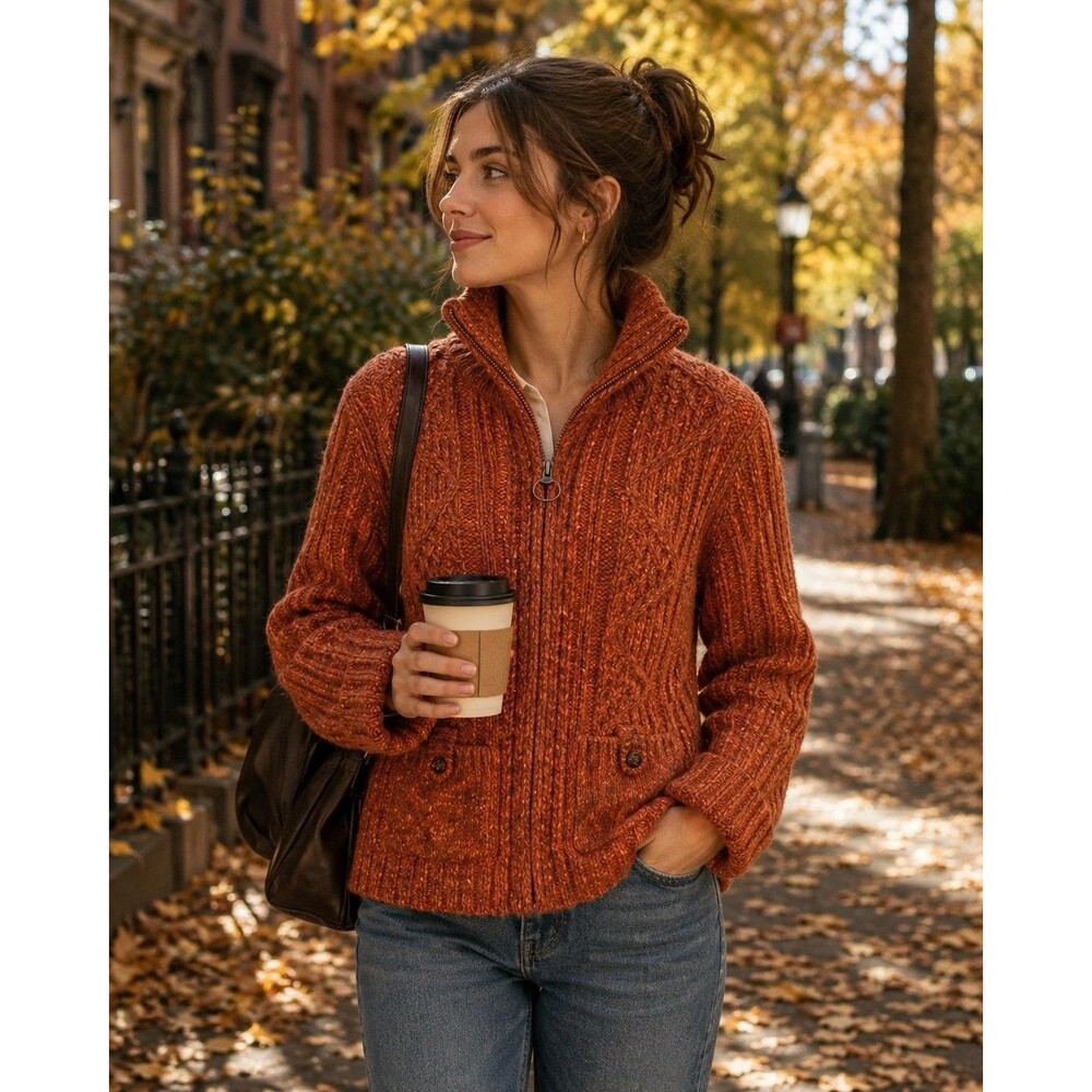 Womens Ann Taylor Gray Wool Blend Chunky Marled Rust Cardigan Sweater Sz Lg Zip